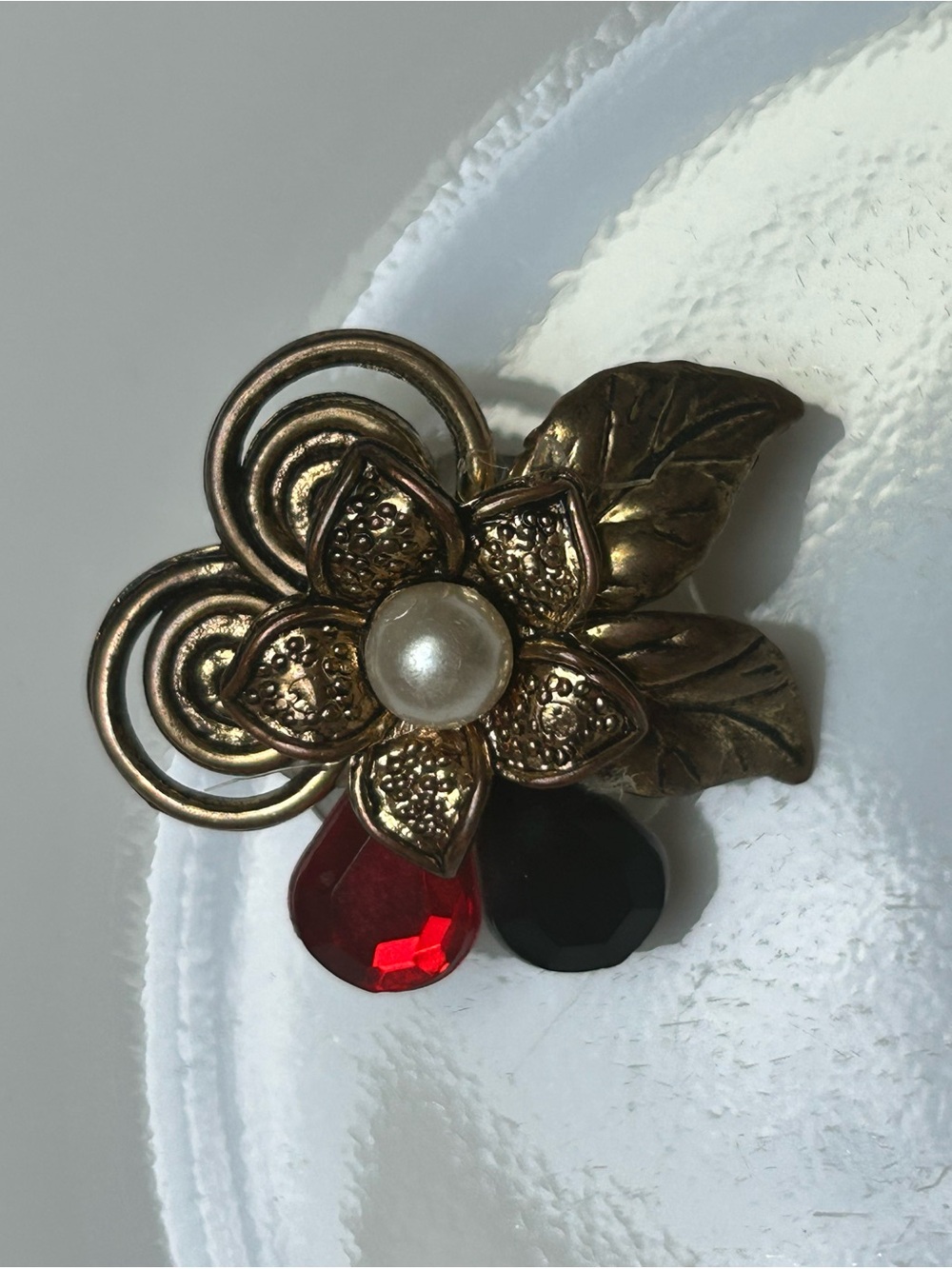 Vintage Gold Flower Brooch with Pearl and Black and Red Gemstone Accent